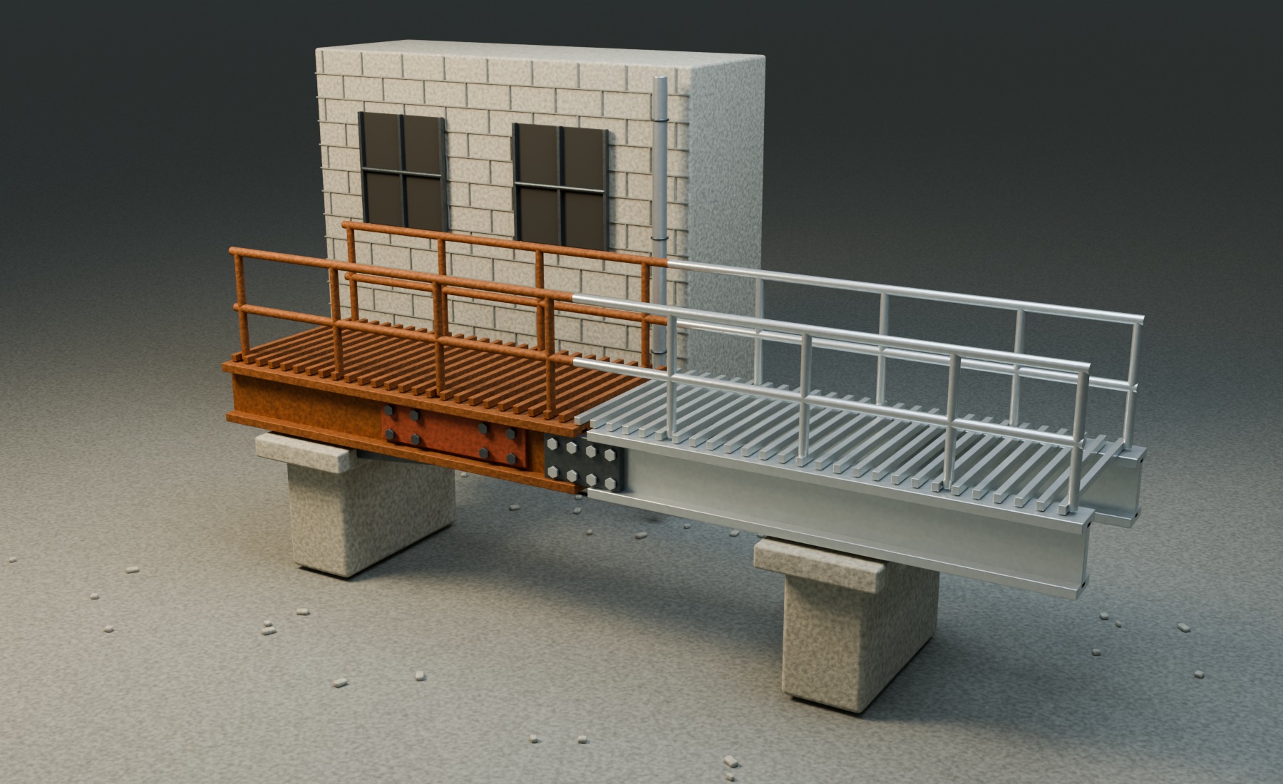 A rusted industrial walkway with bolted repair plates joins a new galvanized extension.