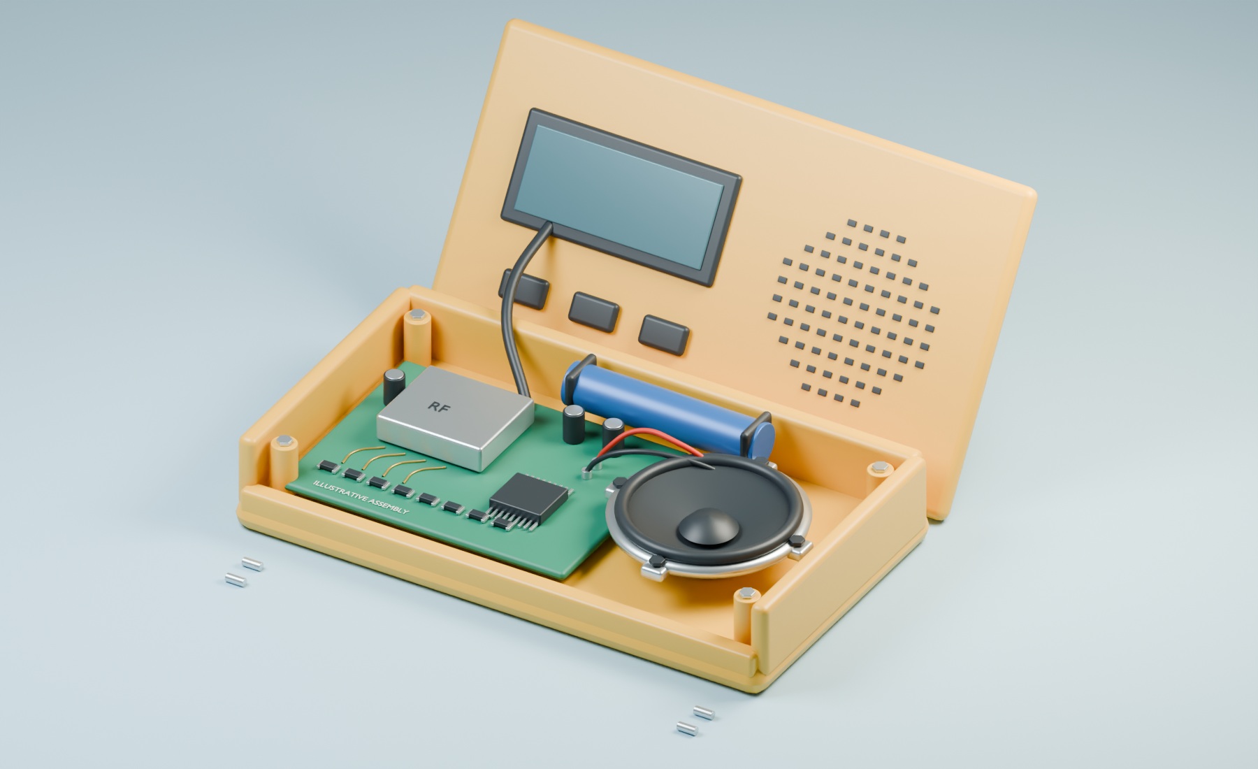 An opened yellow radio exposes its circuit board, shielded module, battery, speaker, and connecting leads.