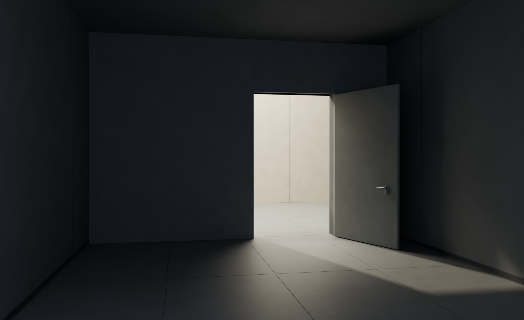 An open door in a dark concrete corridor leads into a sunlit courtyard, with warm light falling across the unobstructed, level floor.