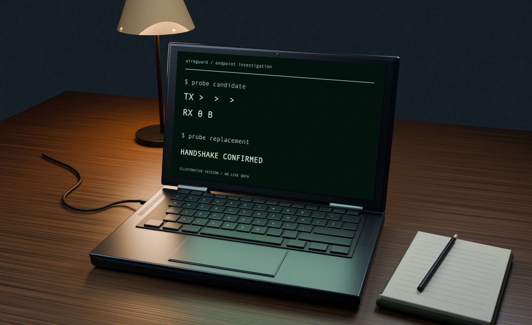 A laptop on a wooden desk at night, showing unanswered outgoing attempts with RX 0 B and a replacement probe with a confirmed handshake.