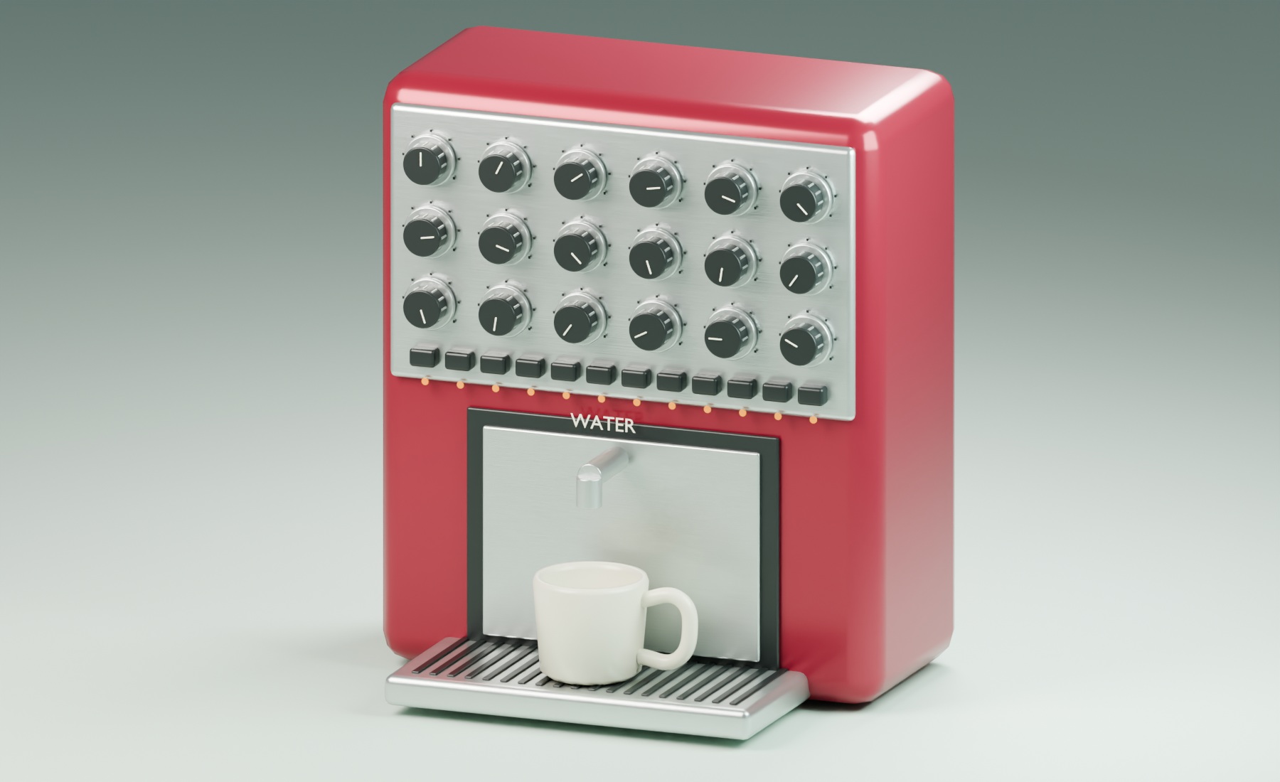 A polished red water dispenser has rows of dials and buttons above one spout and an ordinary cup.