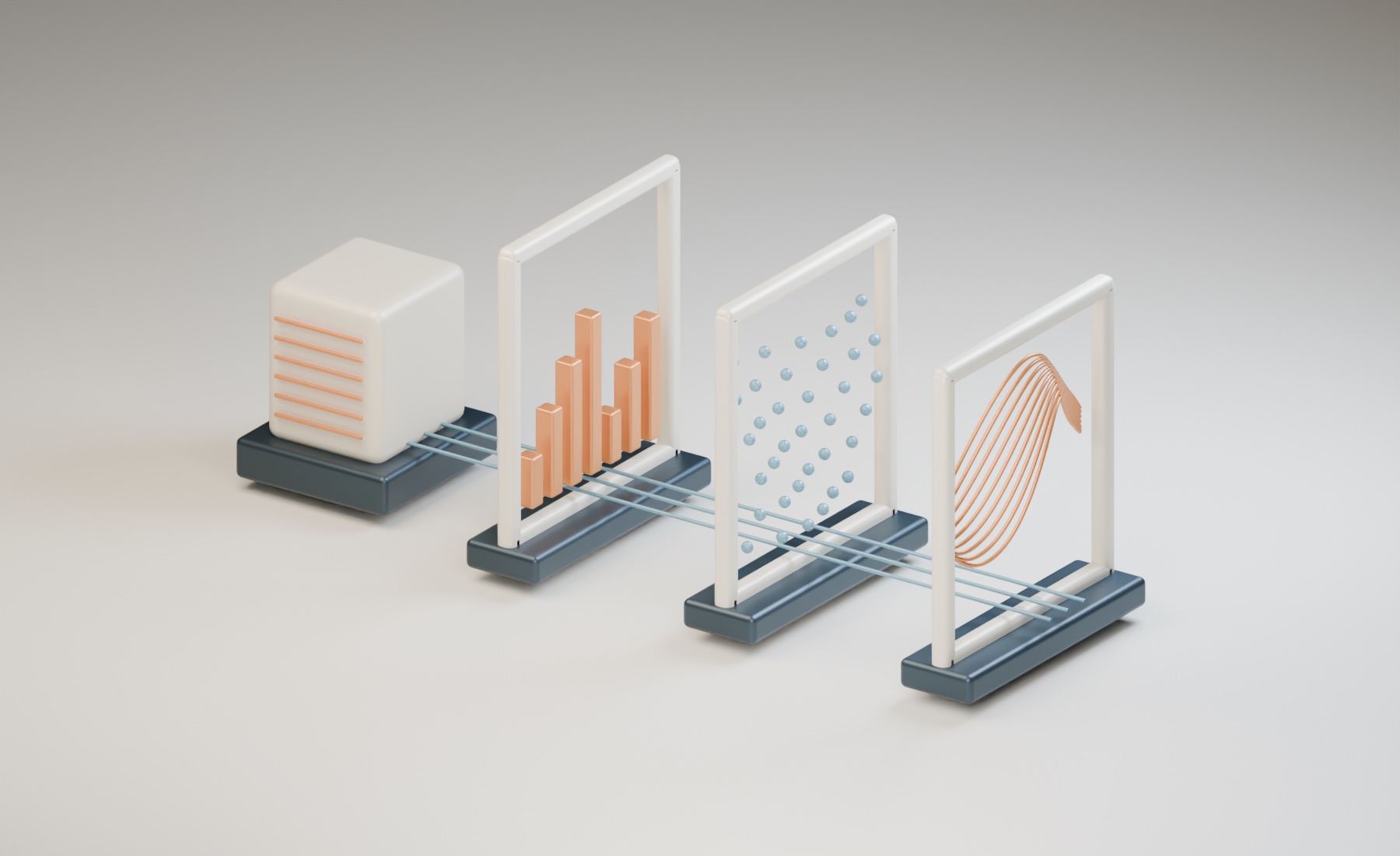 A porcelain source block connected by blue rails to three separate frames containing copper bars, blue points, and copper curves.